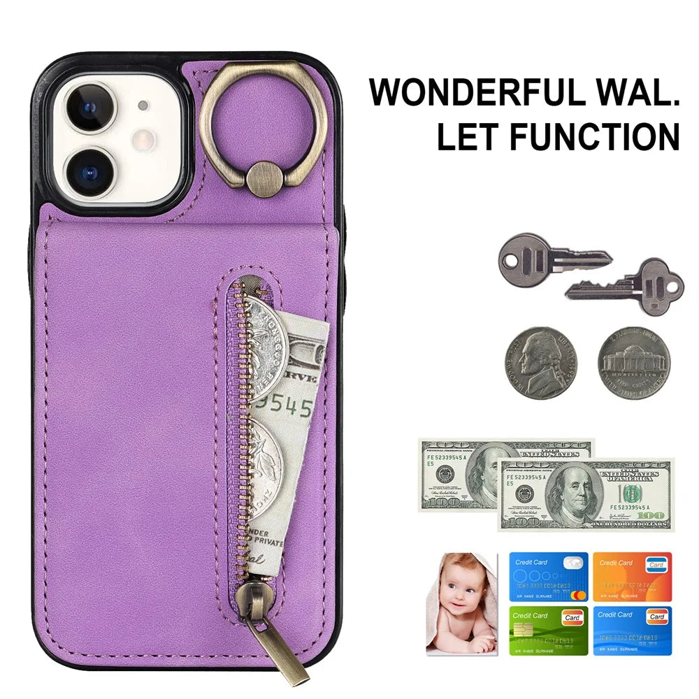 For iPhone 12 mini Cell Phone Case RFID Blocking PU+TPU Cover with Card Slots - Purple - 4