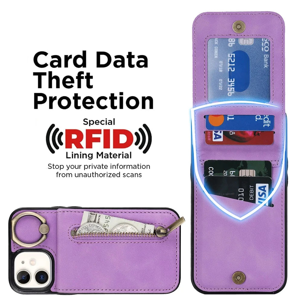 For iPhone 12 mini Cell Phone Case RFID Blocking PU+TPU Cover with Card Slots - Purple - 6