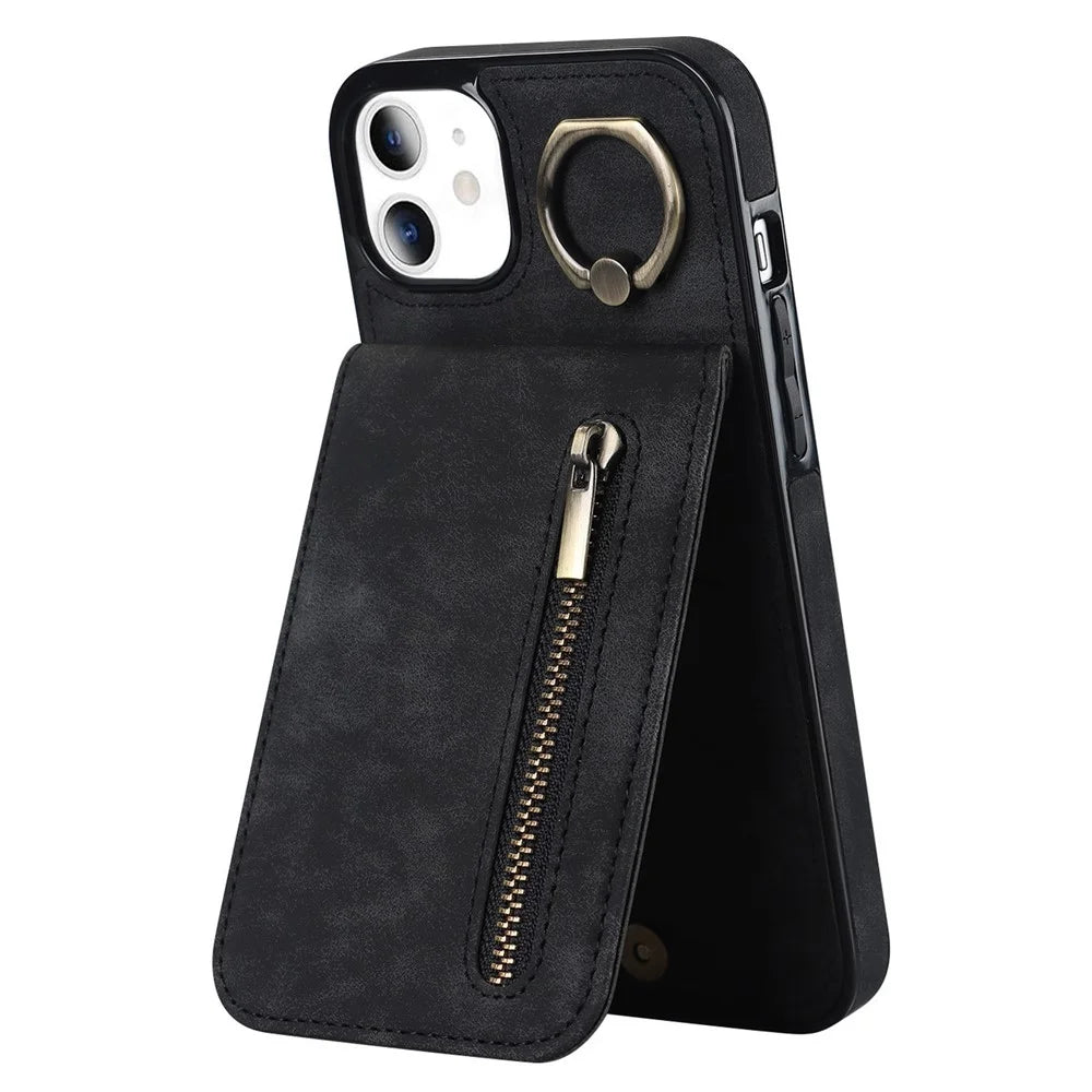 For iPhone 11 Cell Phone Case Card Slots RFID Blocking Retro PU+TPU Cover - Black - 1
