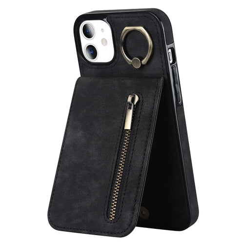 For iPhone 11 Cell Phone Case Card Slots RFID Blocking Retro PU+TPU Cover - Black - 1