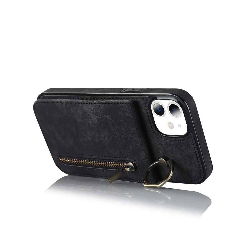 For iPhone 11 Cell Phone Case Card Slots RFID Blocking Retro PU+TPU Cover - Black - 2