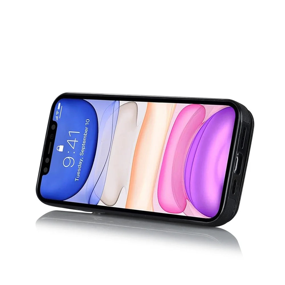 For iPhone 11 Cell Phone Case Card Slots RFID Blocking Retro PU+TPU Cover - Black - 3