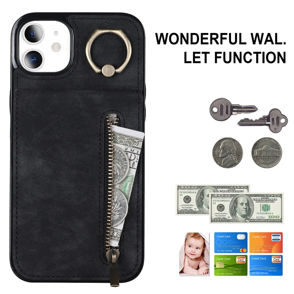 For iPhone 11 Cell Phone Case Card Slots RFID Blocking Retro PU+TPU Cover - Black - 4