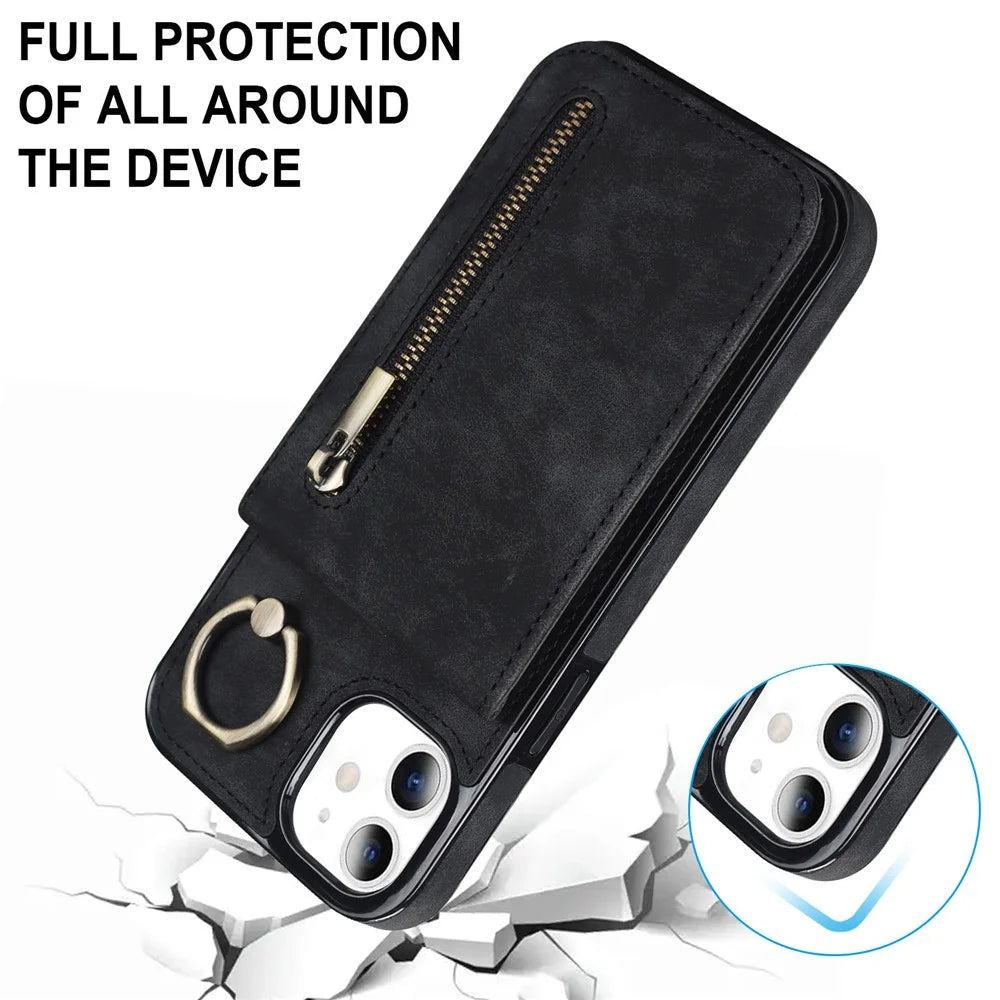 For iPhone 11 Cell Phone Case Card Slots RFID Blocking Retro PU+TPU Cover - Black - 5