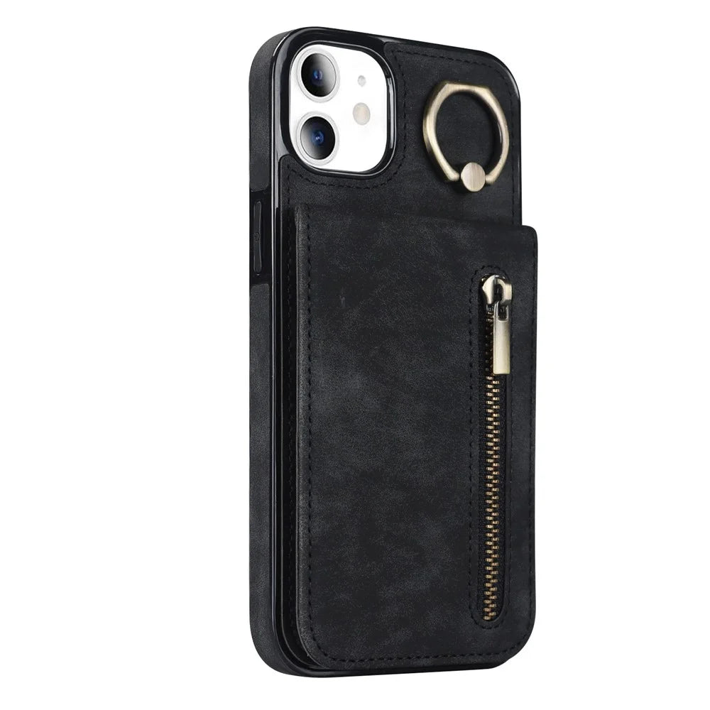 For iPhone 11 Cell Phone Case Card Slots RFID Blocking Retro PU+TPU Cover - Black - 7