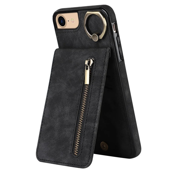For iPhone SE (2022) / SE (2020) / 7 / 8 Cell Phone Case RFID Blocking Retro PU+TPU Cover - Black - 1
