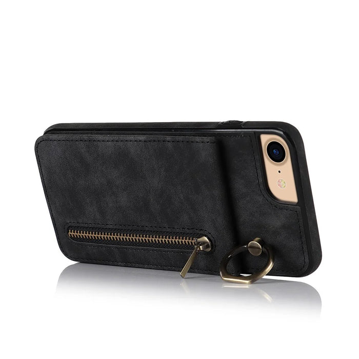 For iPhone SE (2022) / SE (2020) / 7 / 8 Cell Phone Case RFID Blocking Retro PU+TPU Cover - Black - 2