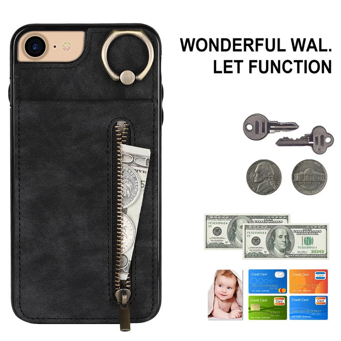 For iPhone SE (2022) / SE (2020) / 7 / 8 Cell Phone Case RFID Blocking Retro PU+TPU Cover - Black - 4