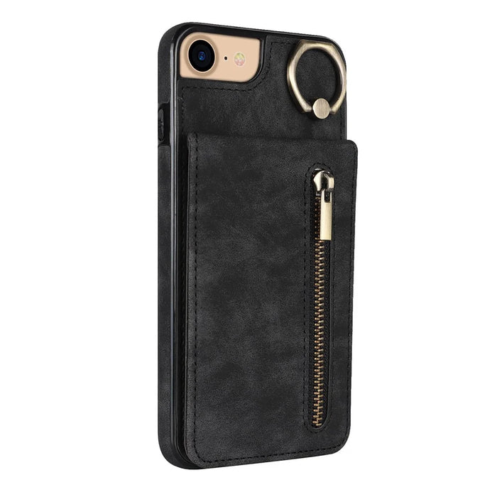 For iPhone SE (2022) / SE (2020) / 7 / 8 Cell Phone Case RFID Blocking Retro PU+TPU Cover - Black - 7