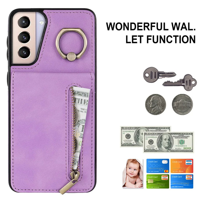 For Samsung Galaxy S21 4G / 5G RFID Blocking Cell Phone Case Card Slots PU+TPU Cover - Purple - 4