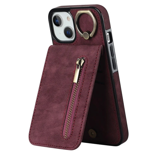 PU+TPU Cover for iPhone 13 mini , Ring Kickstand RFID Blocking Cell Phone Case - Wine Red - 1