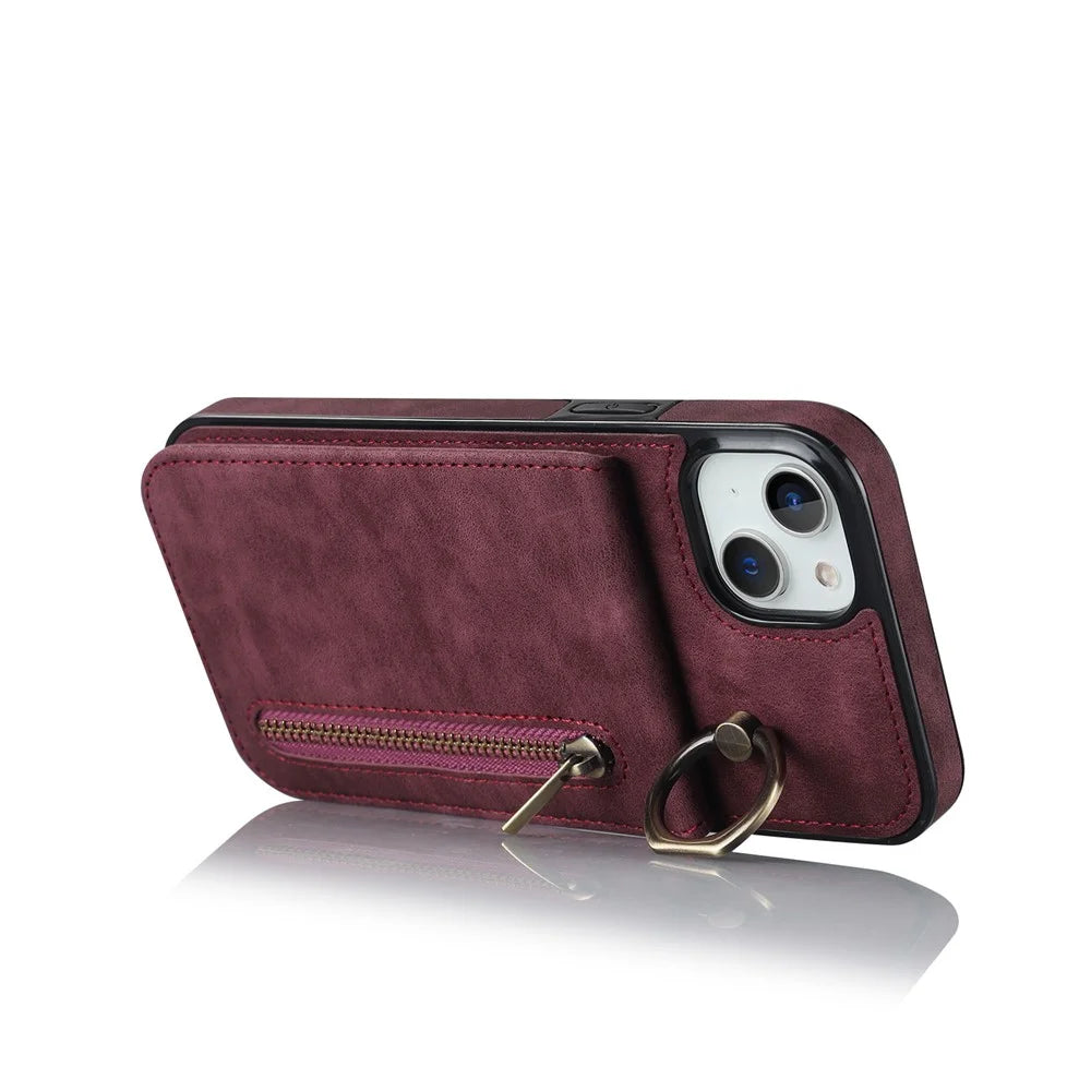 PU+TPU Cover for iPhone 13 mini , Ring Kickstand RFID Blocking Cell Phone Case - Wine Red - 2