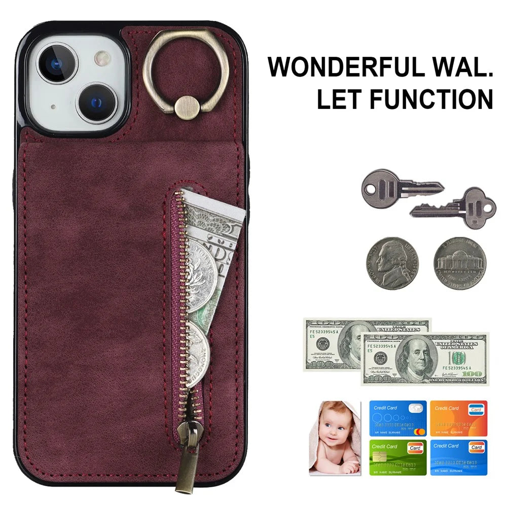 PU+TPU Cover for iPhone 13 mini , Ring Kickstand RFID Blocking Cell Phone Case - Wine Red - 4