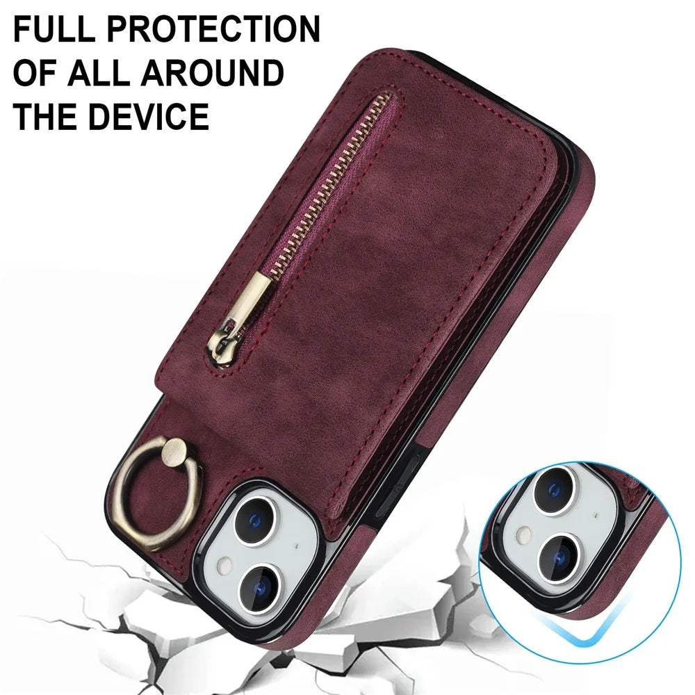 PU+TPU Cover for iPhone 13 mini , Ring Kickstand RFID Blocking Cell Phone Case - Wine Red - 5