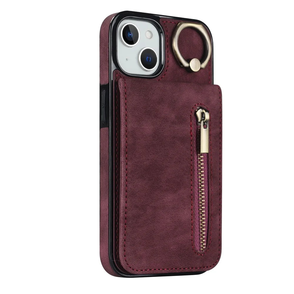 PU+TPU Cover for iPhone 13 mini , Ring Kickstand RFID Blocking Cell Phone Case - Wine Red - 7