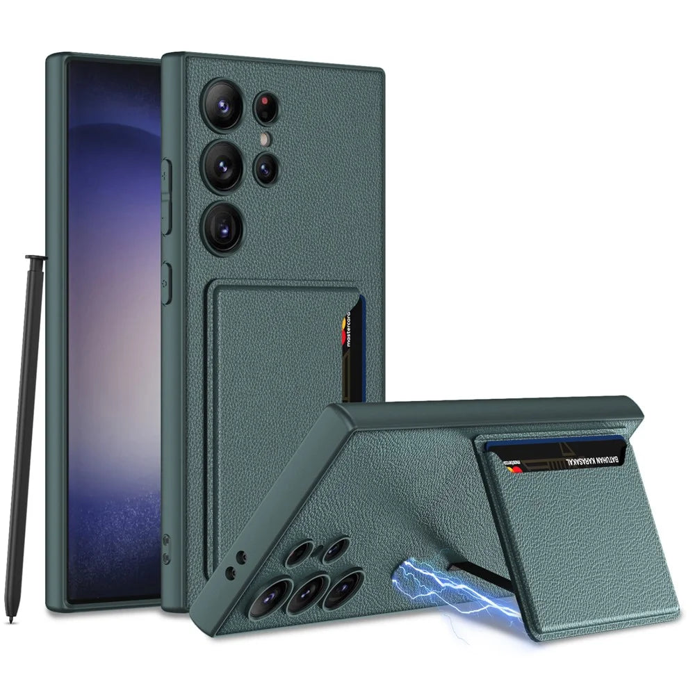 GKK For Samsung Galaxy S24 Ultra Magnetic Case PU Leather Coated PC+TPU Phone Cover with Card Slot - Midnight Green - 1