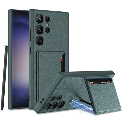 GKK For Samsung Galaxy S24 Ultra Magnetic Case PU Leather Coated PC+TPU Phone Cover with Card Slot - Midnight Green - 1