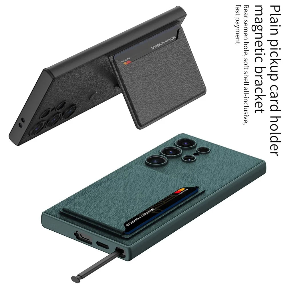 GKK For Samsung Galaxy S24 Ultra Magnetic Case PU Leather Coated PC+TPU Phone Cover with Card Slot - Midnight Green - 3