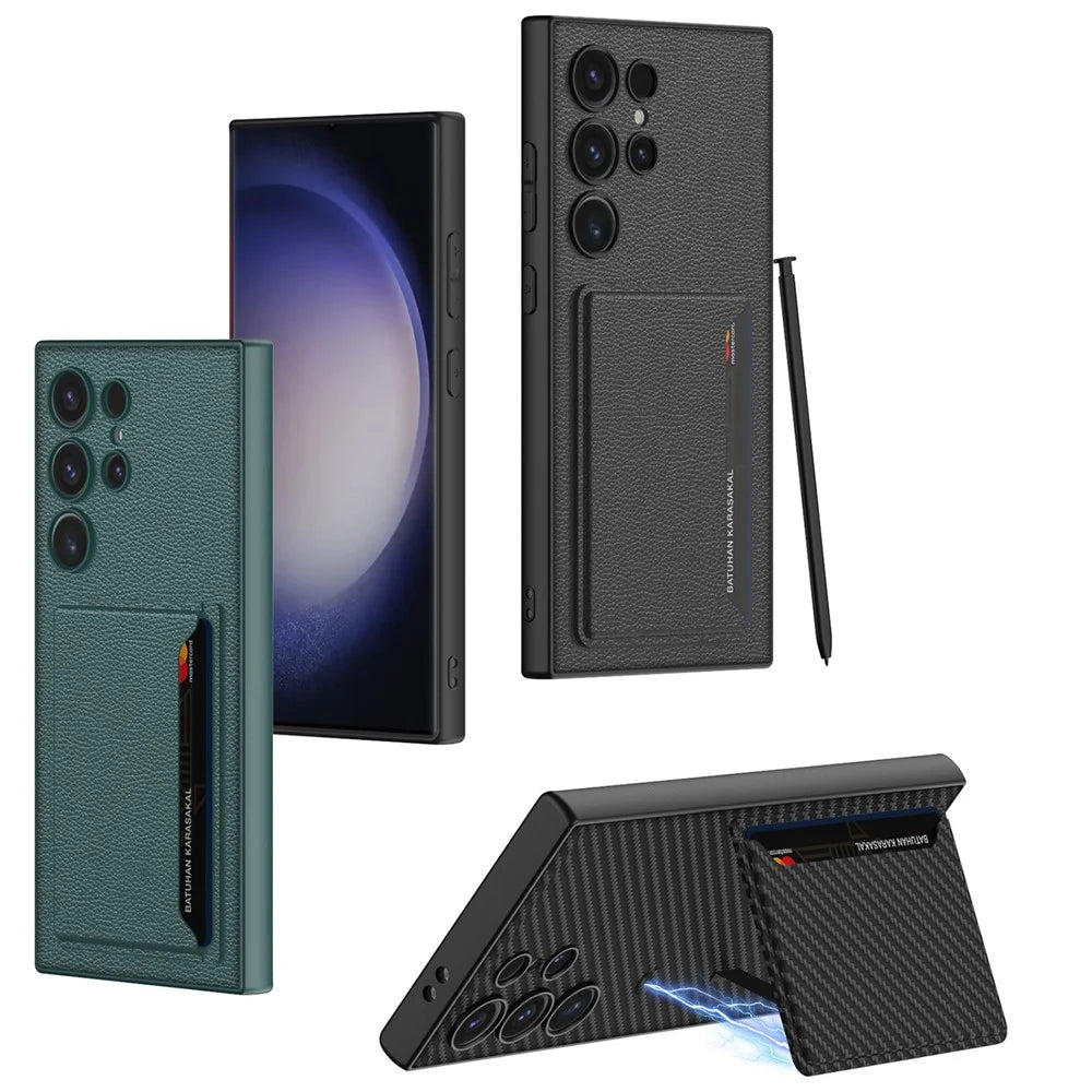 GKK For Samsung Galaxy S24 Ultra Magnetic Case PU Leather Coated PC+TPU Phone Cover with Card Slot - Midnight Green - 6