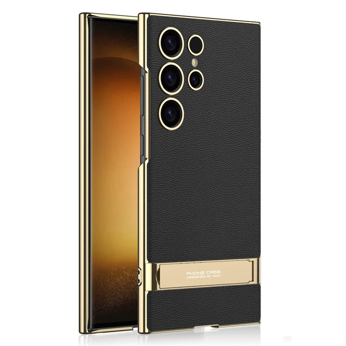 GKK For Samsung Galaxy S24 Ultra Phone Case Kickstand Electroplating Leather Back Cover - Black - 1