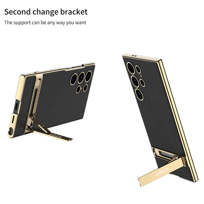 GKK For Samsung Galaxy S24 Ultra Phone Case Kickstand Electroplating Leather Back Cover - Black - 3