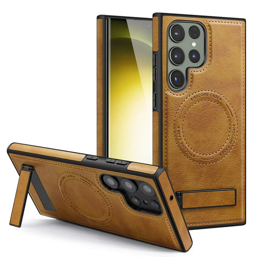 For Samsung Galaxy S22 Ultra 5G Magnetic Case Kickstand Leather Phone Back Cover  - Brown - 1