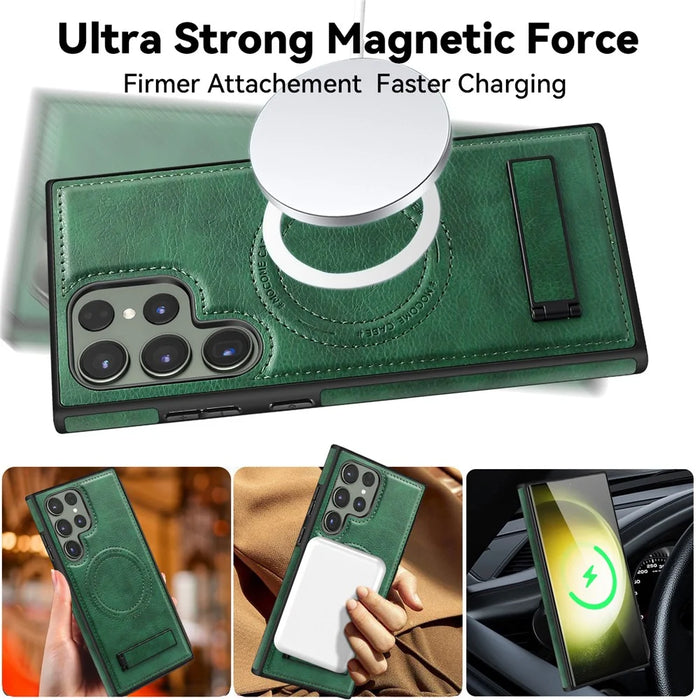 For Samsung Galaxy S22 Ultra 5G Magnetic Case Kickstand Leather Phone Back Cover  - Brown - 3