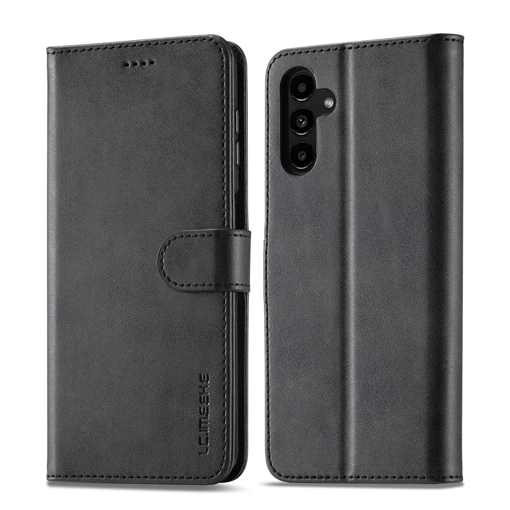 LC.IMEEKE For Samsung Galaxy A35 5G Cell Phone Case Calf Texture Stand PU Leather Wallet Cover - Black - 1