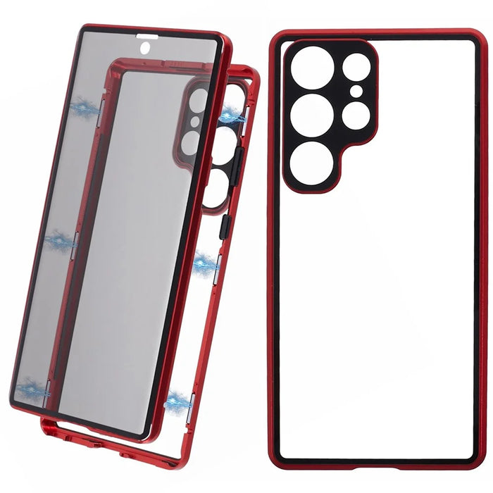 For Samsung Galaxy S23 Ultra Anti Peeping Case Tempered Glass Magnetic Adsorption Metal Frame Phone Cover - Red - 1