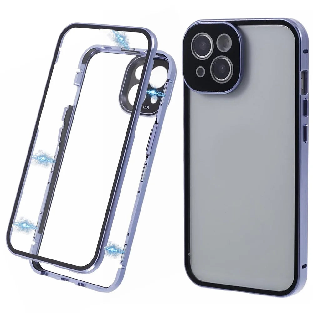 Magnetic Case for iPhone 15 Double-Sided Clear Tempered Glass Phone Cover - Blue - 1