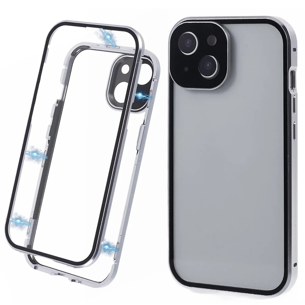 For iPhone 14 Plus Double-Sided Tempered Glass Phone Case with Magnetic Adsorption Metal Frame - Silver - 1