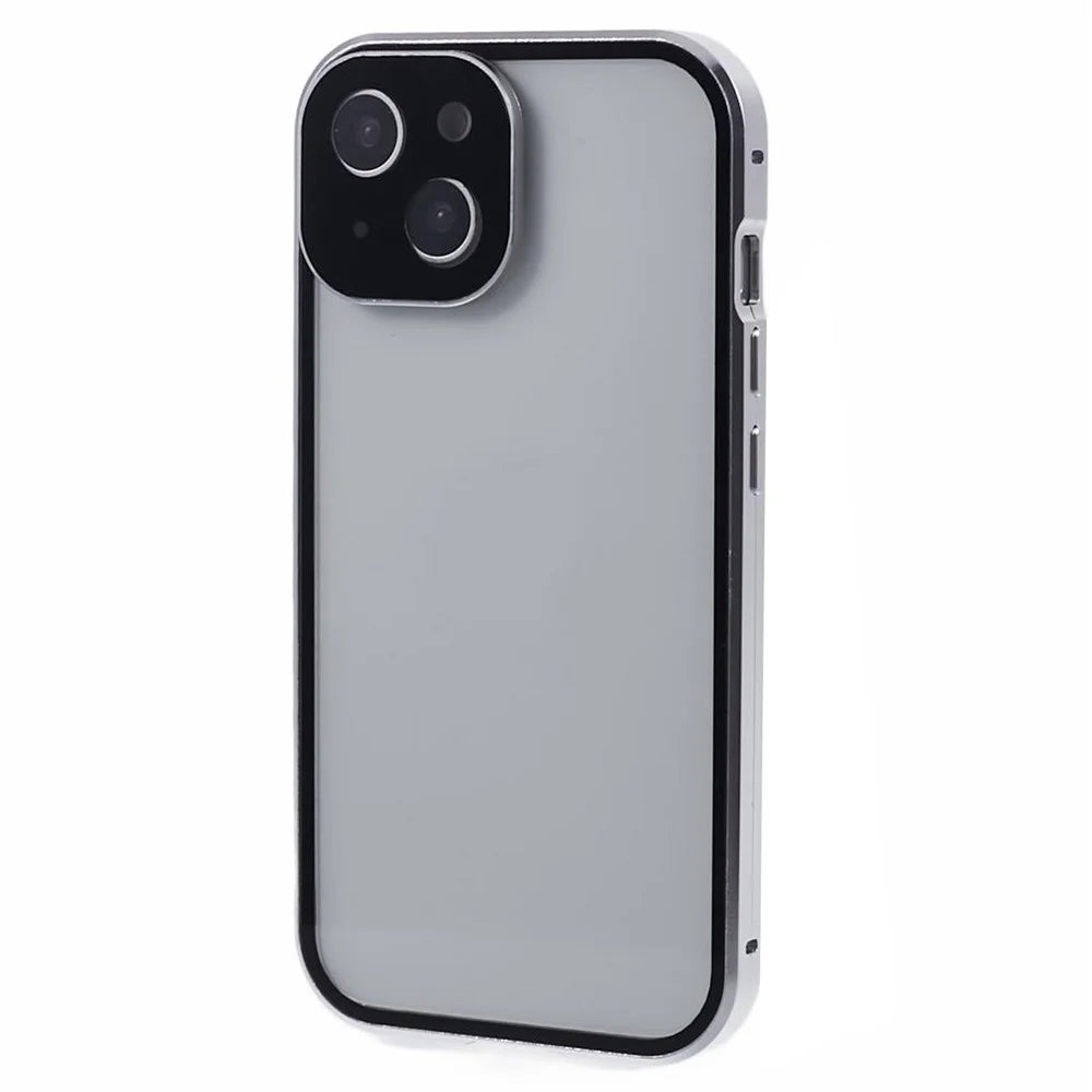 For iPhone 14 Plus Double-Sided Tempered Glass Phone Case with Magnetic Adsorption Metal Frame - Silver - 2