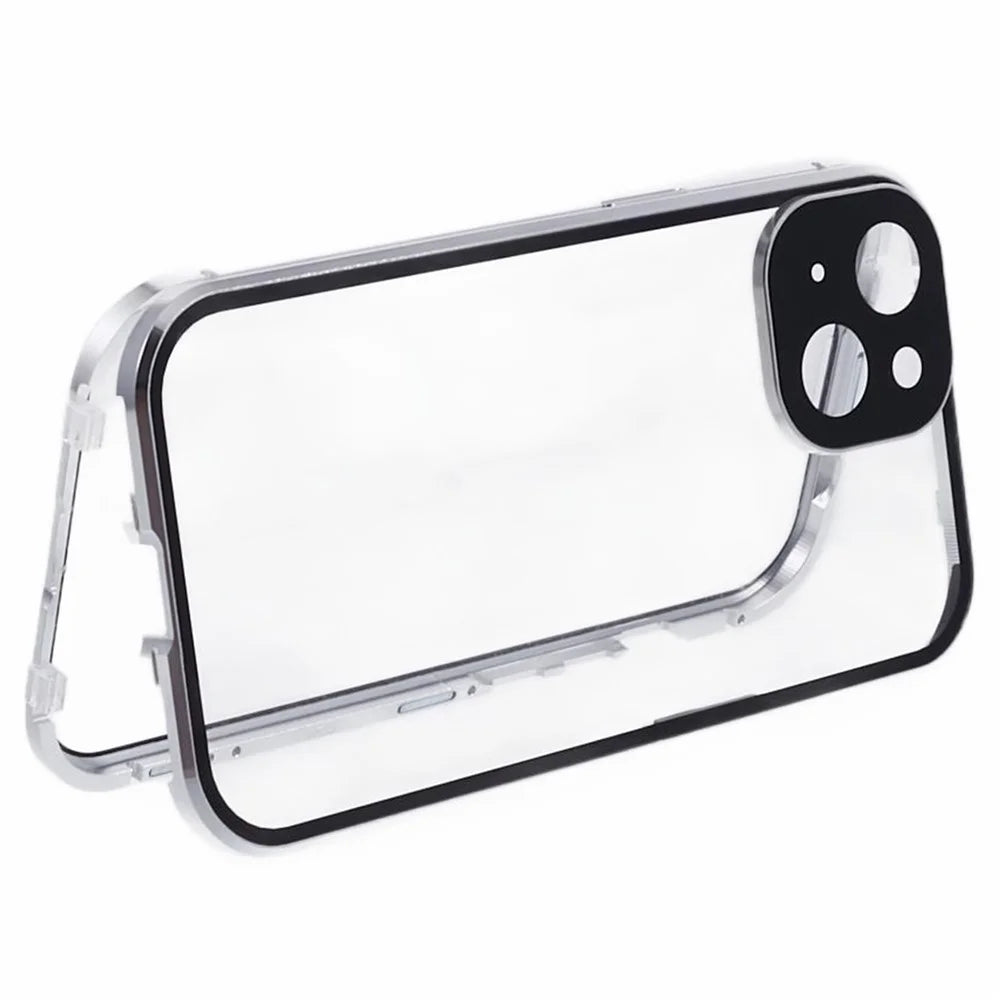 For iPhone 14 Plus Double-Sided Tempered Glass Phone Case with Magnetic Adsorption Metal Frame - Silver - 5