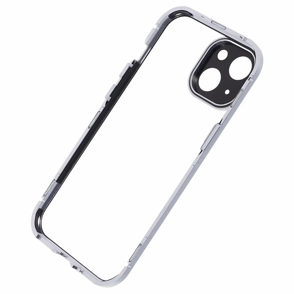 For iPhone 14 Plus Double-Sided Tempered Glass Phone Case with Magnetic Adsorption Metal Frame - Silver - 6