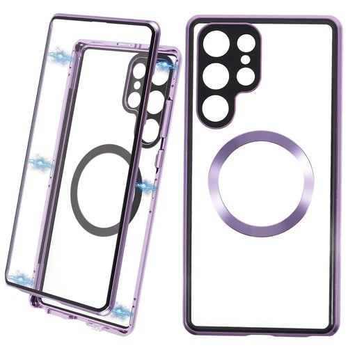 For Samsung Galaxy S22 Ultra 5G Double Sided Clear Case Tempered Glass Phone Cover Magnetic Adsorption - Purple - 1