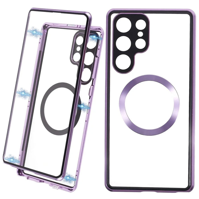 For Samsung Galaxy S22 Ultra 5G Double Sided Clear Case Tempered Glass Phone Cover Magnetic Adsorption - Purple - 1