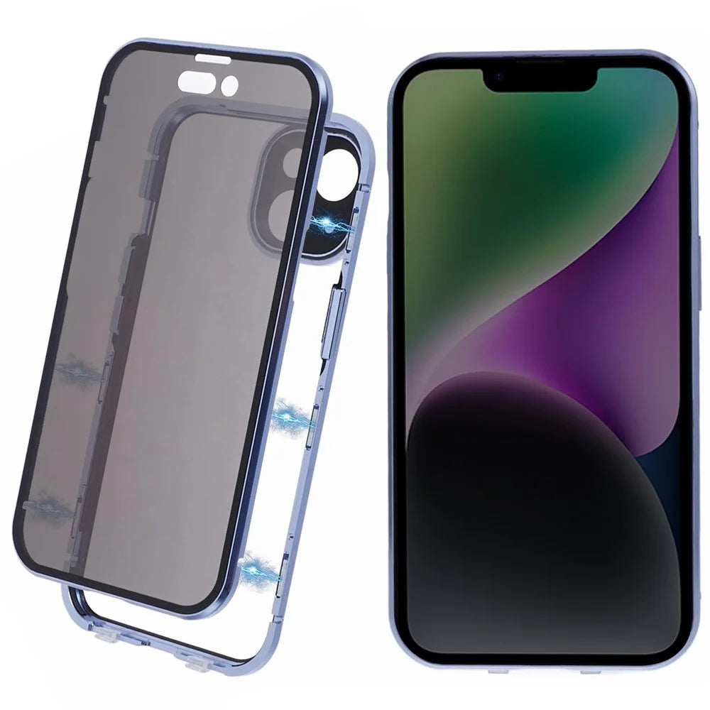 Anti-Peeping Case For iPhone 14 Magnetic Adsorption Frame+Tempered Glass Phone Cover - Blue - 1