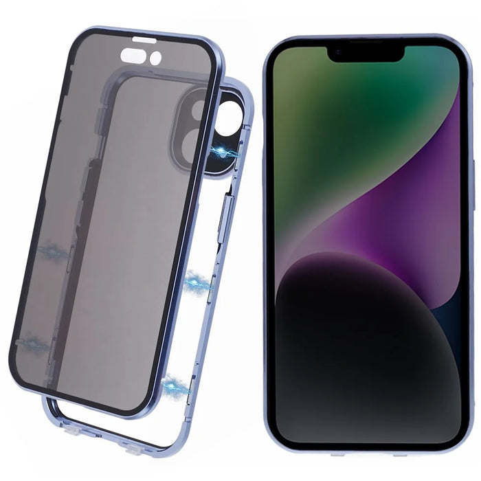 Anti-Peeping Case For iPhone 14 Magnetic Adsorption Frame+Tempered Glass Phone Cover - Blue - 1