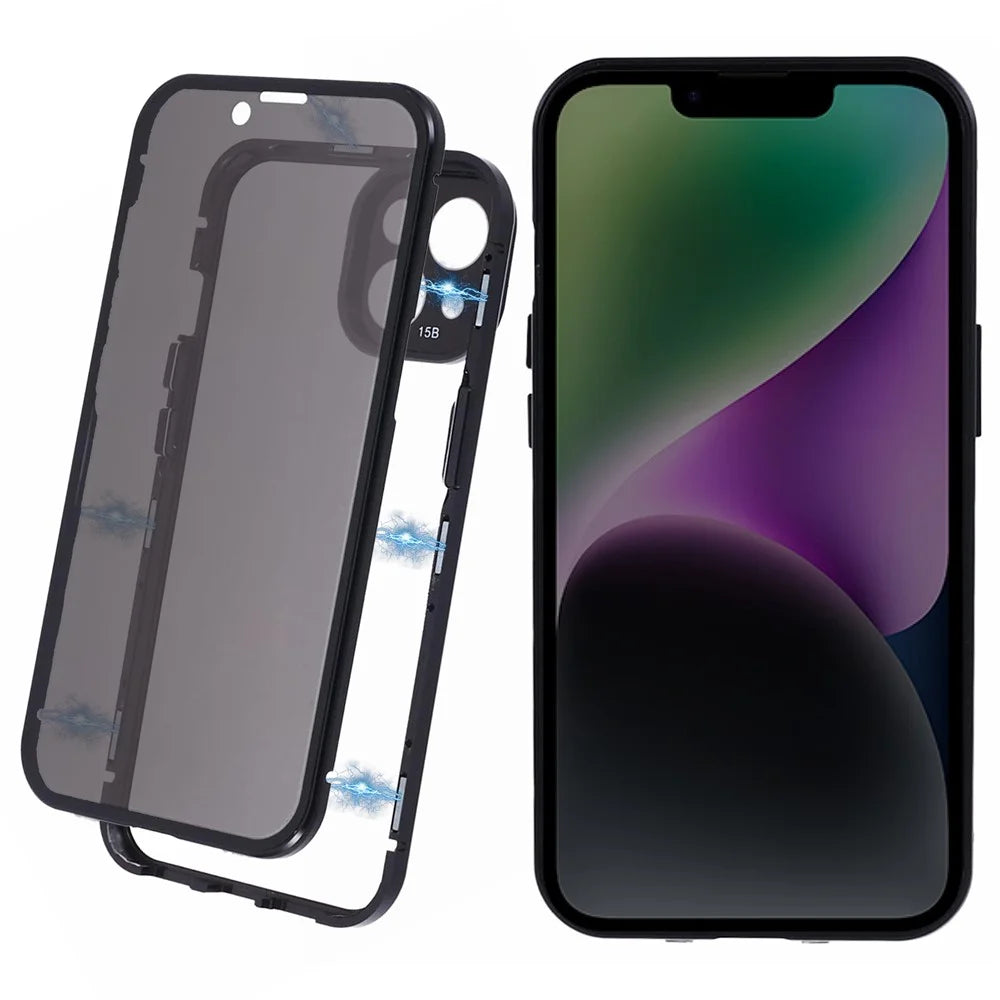 For iPhone 14 Plus Magnetic Privacy Case Tempered Glass Double-sided Phone Cover - Silver - 1