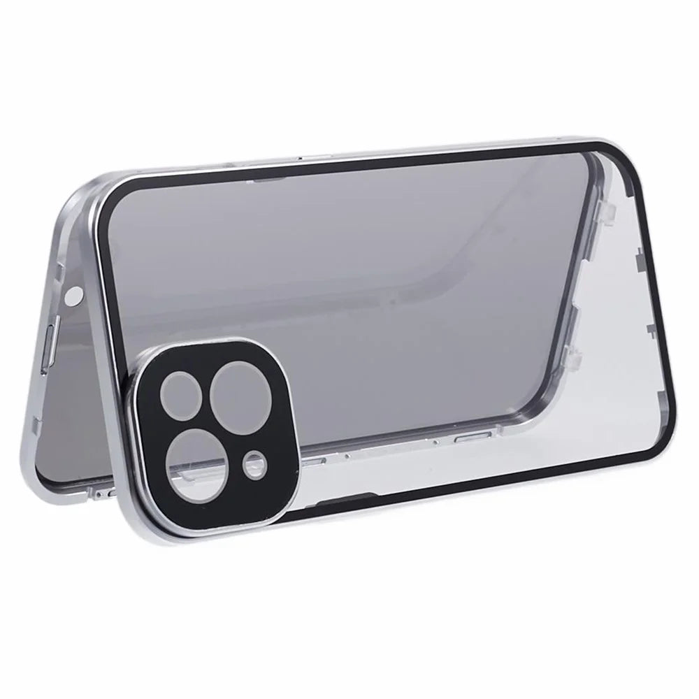 For iPhone 14 Plus Magnetic Privacy Case Tempered Glass Double-sided Phone Cover - Silver - 5