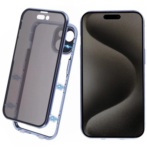 For iPhone 15 Plus Phone Case Anti-Peeping Double-Sided Tempered Glass Cover Magnetic Adsorption - Blue - 1