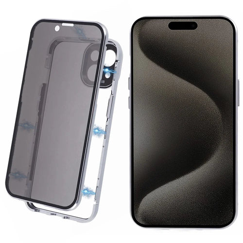 For iPhone 15 Magnetic Adsorption Case Metal Bumper Tempered Glass Privacy Cover - Black - 1