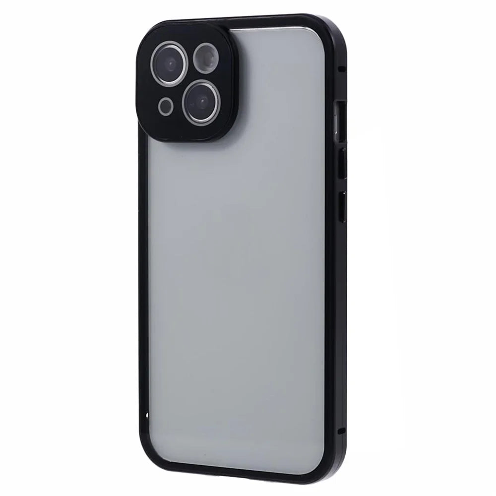 For iPhone 15 Magnetic Adsorption Case Metal Bumper Tempered Glass Privacy Cover - Black - 2