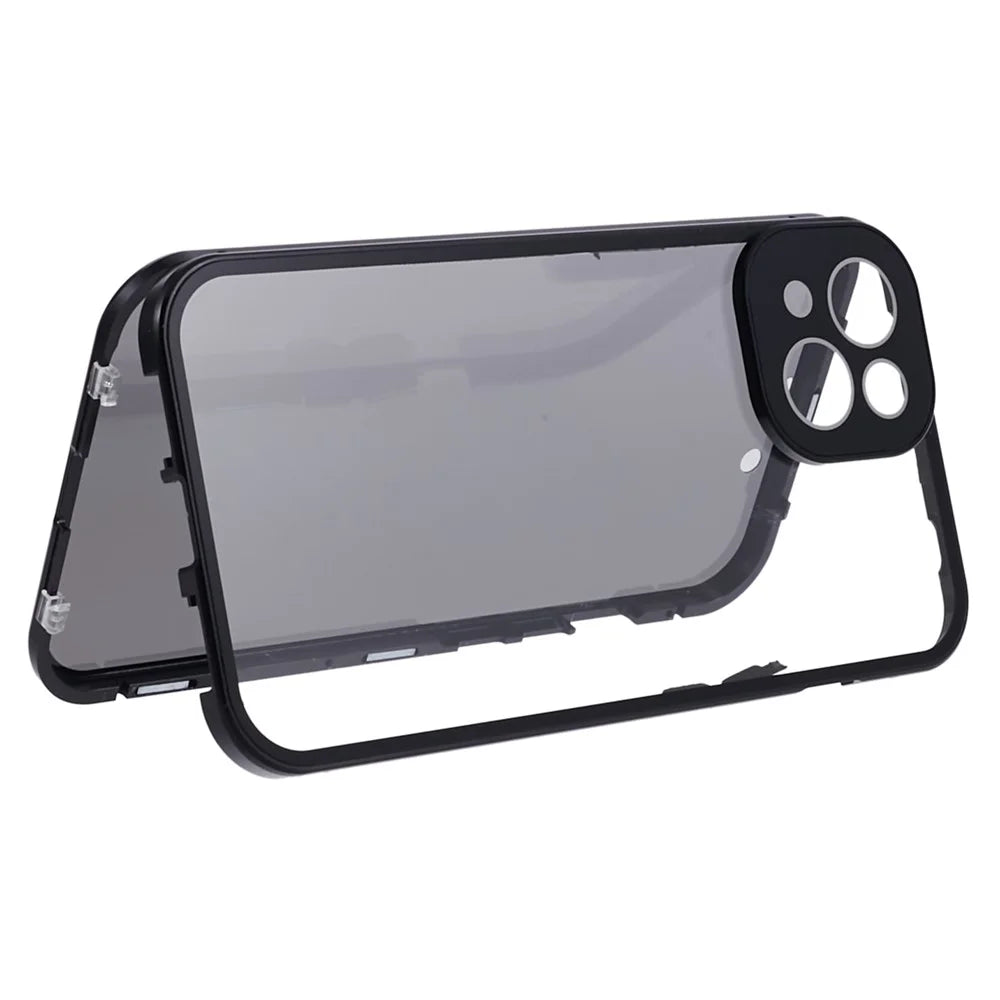 For iPhone 15 Magnetic Adsorption Case Metal Bumper Tempered Glass Privacy Cover - Black - 5