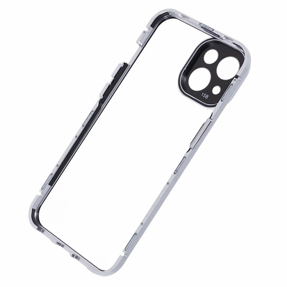 For iPhone 15 Magnetic Adsorption Case Metal Bumper Tempered Glass Privacy Cover - Black - 7