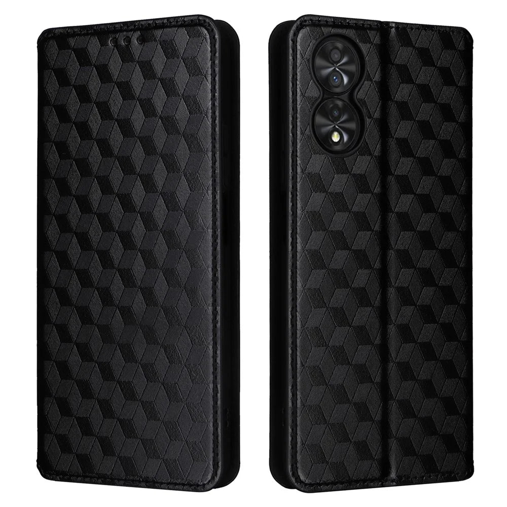 For TCL 40 Nxtpaper 4G Magnetic Case Rhombus Imprinted PU Leather Phone Wallet Cover - Black - 1