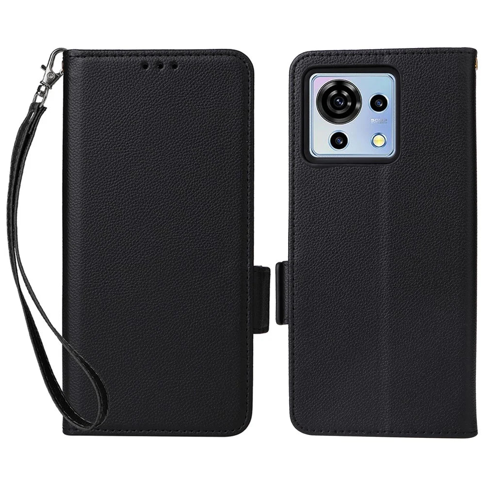 For ZTE Blade V50 Vita Magnetic Case Litchi Texture PU Leather Flip Stand Phone Cover - Black - 1