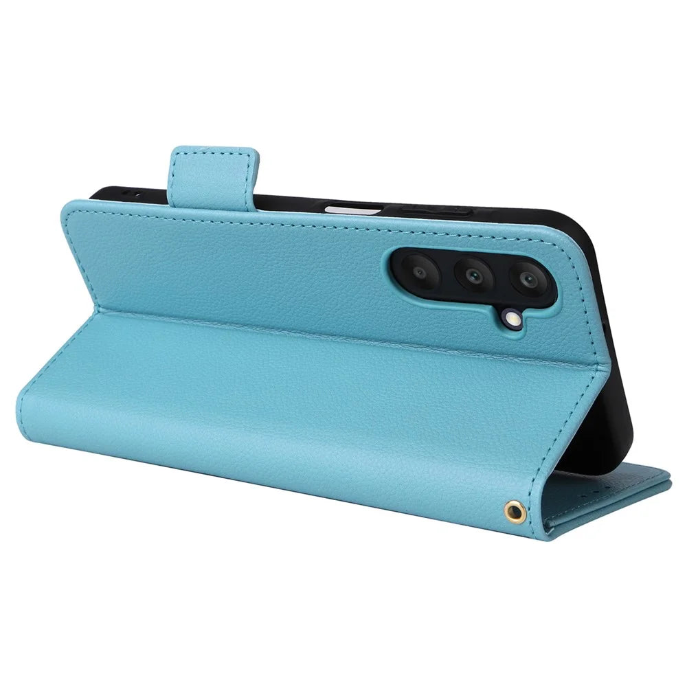 For Samsung Galaxy A25 5G (Global) (161.0 x 76.5 x 8.3mm) Magnetic Phone Case Shockproof Litchi Texture PU Leather Flip Cover - Baby Blue - 4