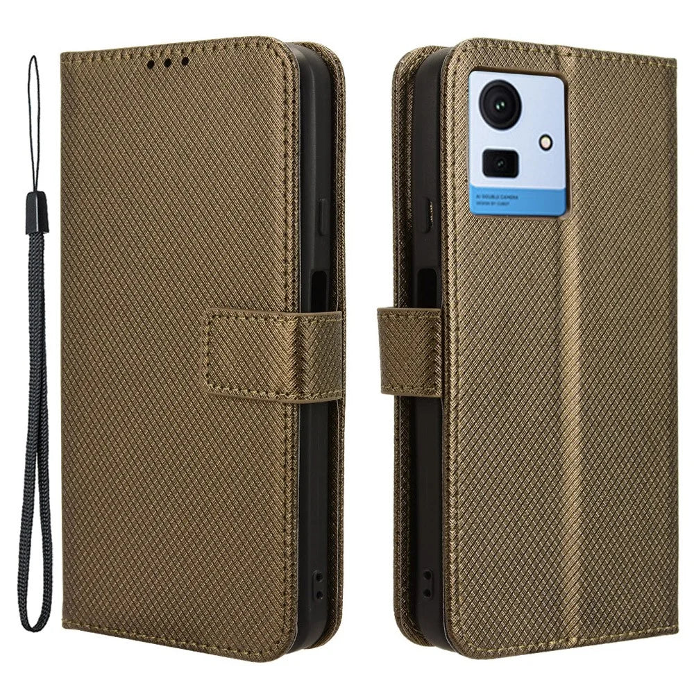 For Cubot Note 50 Phone Case PU Leather Stand Folio Cover with 3 Card Slots Diamond Texture - Brown - 1