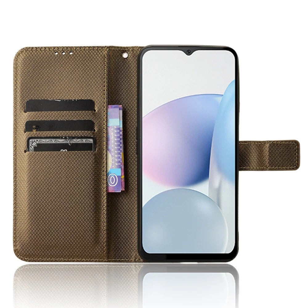 For Cubot Note 50 Phone Case PU Leather Stand Folio Cover with 3 Card Slots Diamond Texture - Brown - 2